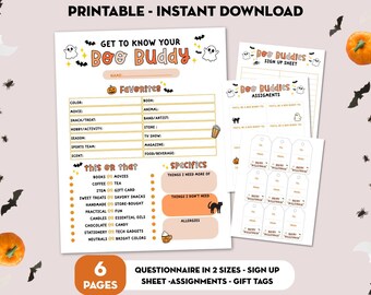 Boo Buddy Printable Kit | Halloween Gift Exchange, Boo Buddy Questionnaire, Sign Up Sheet, Assignments & Gift Tags | Instant Download PDF