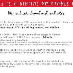 May include: White digital printable file with red banner text: "THIS IS A DIGITAL PRINTABLE FILE." The text "This instant download includes:" is followed by details about a PDF file, Canva link, and assembly video link. The file is meant to be printed.