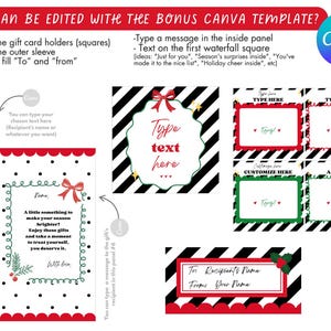 May include: A digital template for gift card holders and sleeves, featuring a festive Christmas theme. The design includes red, green, and black accents, with space for personalized text and messages. The template is designed to be edited using Canva.