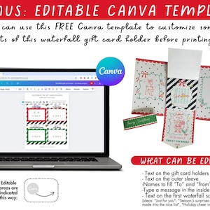 May include: A laptop displays a customizable gift card template with red and green accents. The image showcases a waterfall gift card holder with festive designs, including a deer and a Christmas theme. The text reads "BONUS: EDITABLE CANVA TEMPLATE".