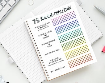 Printable 75 Hard Challenge Tracker, Editable PDF Instant Download, Bullet Journal, Habit Tracker, Spreads, Pages, Bujo, Journaling, Doodle