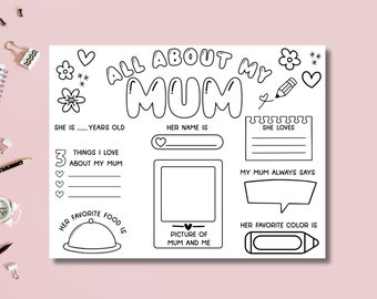 All About My Mum, Mother's Day Interview, Mother's Day Printable, Mothers Day Gift, Card for Mom, Mothers Day Coloring In Page