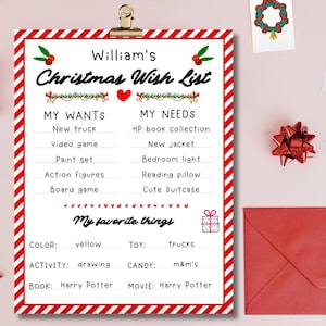 Bearbeitbare Weihnachtswunschliste Druckbare Weihnachtswunschliste Vorlage, Druckfertige Weihnachtswunschliste für Kinder, Brief an Santa Vorlage