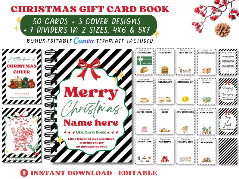 May include: A Christmas gift card book with 50 cards, 3 cover designs, and 7 dividers in 2 sizes: 10x15 and 13x18 cm. The cover features a red bow and the words "Merry Christmas". Includes an editable Canva template.