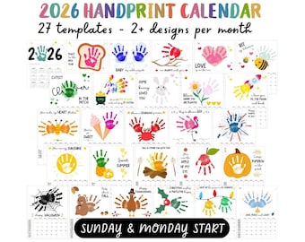 Handprint Calendar 2026, Printable Handprint Craft Bundle, Handprint Footprint Art for Kids Baby Toddler Memory Keepsake DIY Card, Milestone