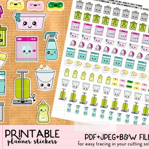 Kawaii Cleaning Home Chores Stickers set  - Printable Planner stickers, Print and Cut stickers for Happy Planner, Filofax, Erin Condren...