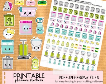 May include: Printable planner stickers featuring cute cartoon illustrations of household cleaning supplies, laundry items, and trash cans. The stickers are in various colors, including pink, green, blue, and yellow. The text "PRINTABLE planner stickers" and "PDF+JPEG+B&W FILES for easy tracing in your cutting software" is included in the image.