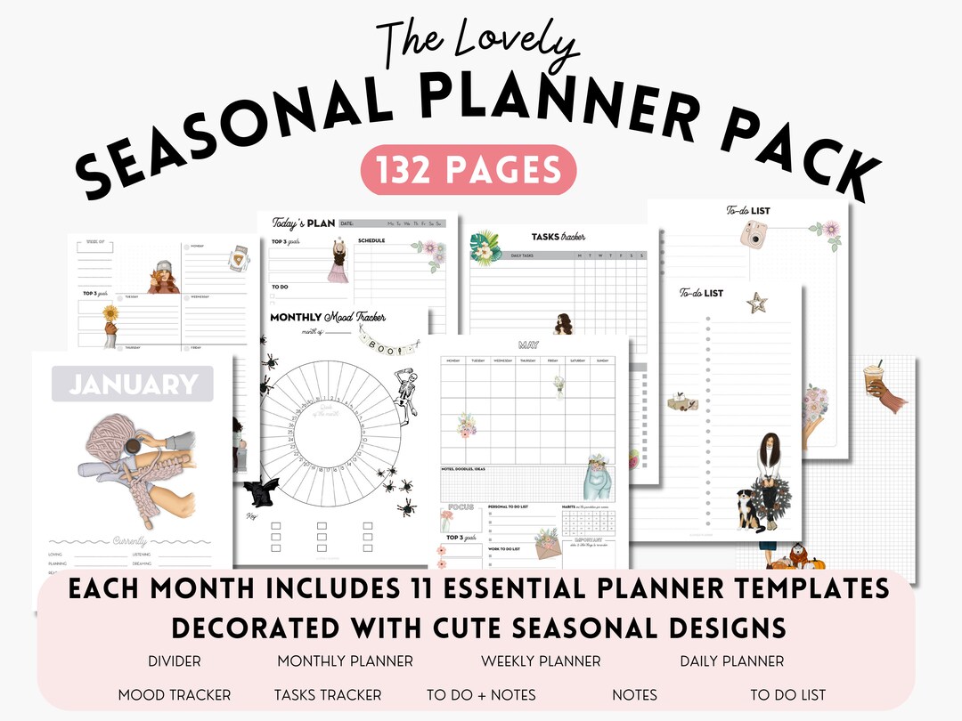 Seasonal Planner Pack - 132 Pages: 12 Months of Cute Printable Planner ...