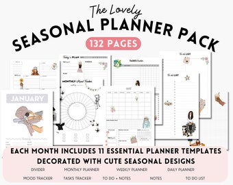 May include: A printable planner pack with 132 pages featuring cute seasonal designs. Each month includes 11 essential planner templates: divider, monthly planner, weekly planner, daily planner, mood tracker, tasks tracker, to-do + notes, notes, and to-do list.