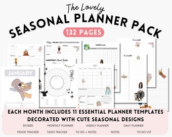 Seasonal Planner Pack - 132 Pages: 12 Months of Cute Printable Planner Pages for paper planner & digital planner - US Letter, A5, Classic HP