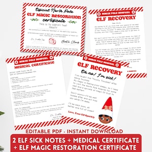 PACOTE EDITÁVEL Aviso de doença de elfo Certificado médico de elfo para impressão Carta de recuperação de elfo Hospital do Pólo Norte Pele marrom Restauração mágica de elfo