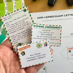 Certificado de sobre con carta de duende en miniatura editable e imprimible, carta trampa de duende personalizable para el Día de San Patricio, nota de duende de la suerte