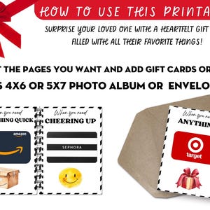 May include: Printable gift book pages with text: "How to Use This Printable?" and "Surprise your loved one with a heartfelt gift book filled with all their favourite things!" Includes pages for gift cards and cash, fitting 10x15cm or 13x18cm albums.