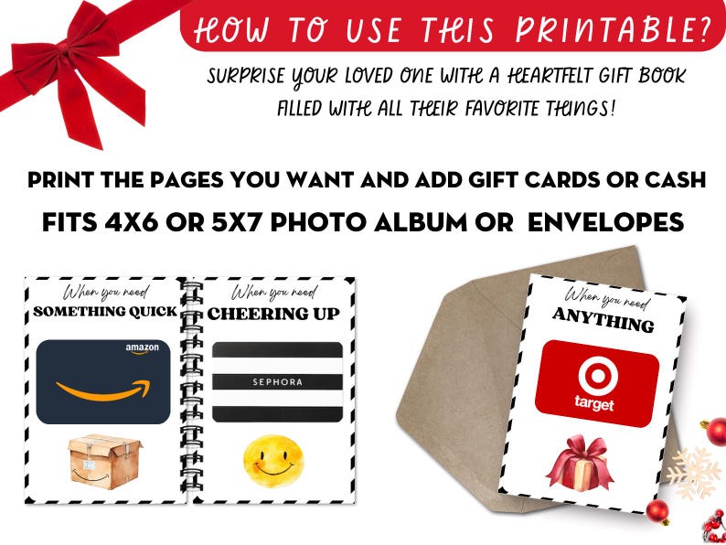 May include: Printable gift book pages with text: "How to Use This Printable?" and "Surprise your loved one with a heartfelt gift book filled with all their favourite things!" Includes pages for gift cards and cash, fitting 10x15cm or 13x18cm albums.