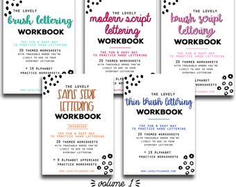 BUNDLE of 5 Lettering Workbooks with 190 Hand Lettering Practice Worksheets - Brush/Script -for Procreate & Print, Modern Calligraphy, Ipad