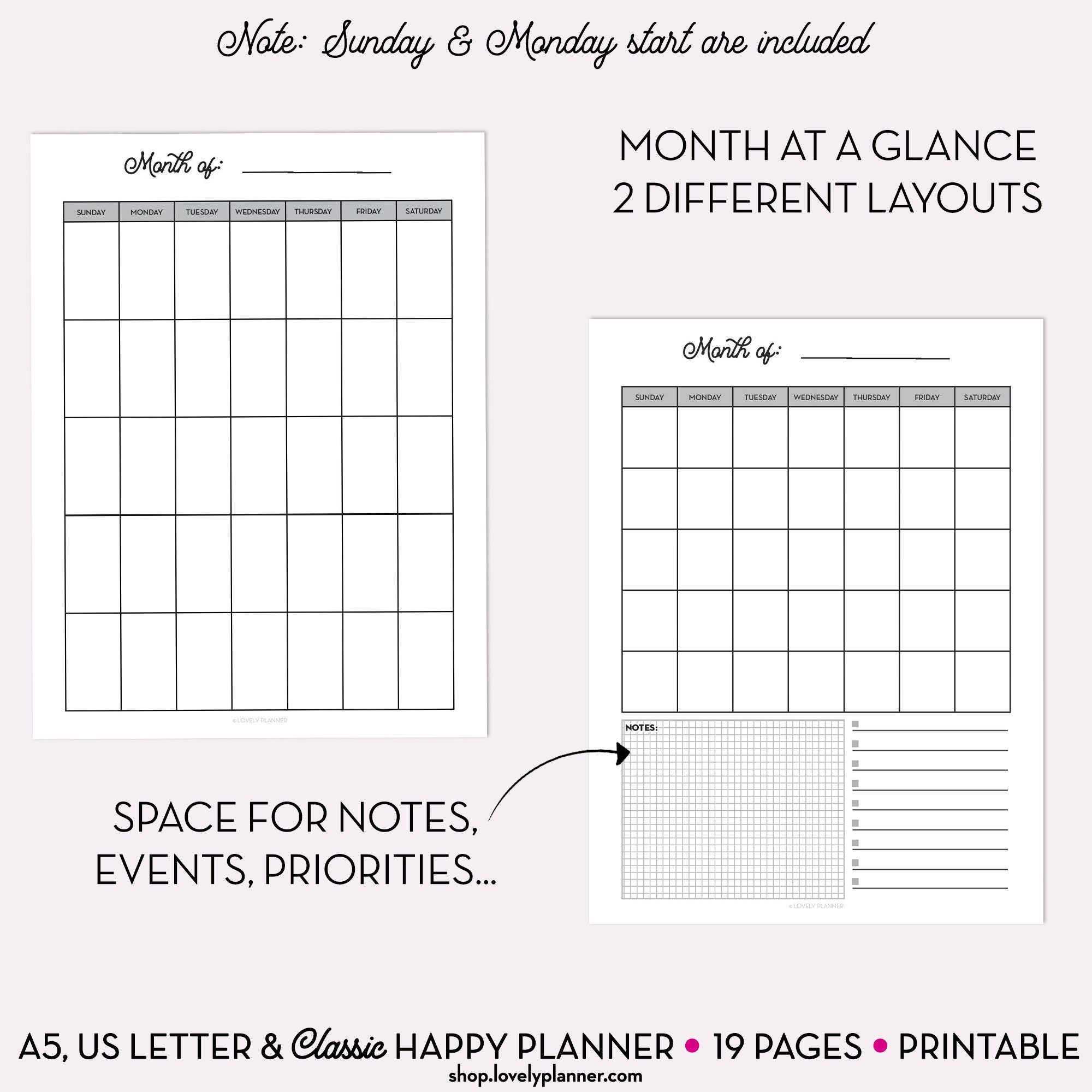 19 Printable Undated Calendar Planner Inserts A5, A4, US Letter ...