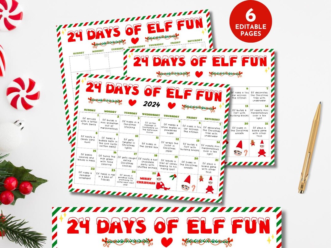 Editable Elf Calendar Printable, Customizable Christmas Elf Ideas