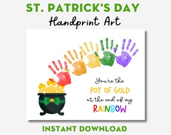 Art de l'empreinte de la main de la Saint-Patrick, pot d'or au bout de l'arc-en-ciel, art de l'empreinte de la main préscolaire pour enfants, bricolage souvenir