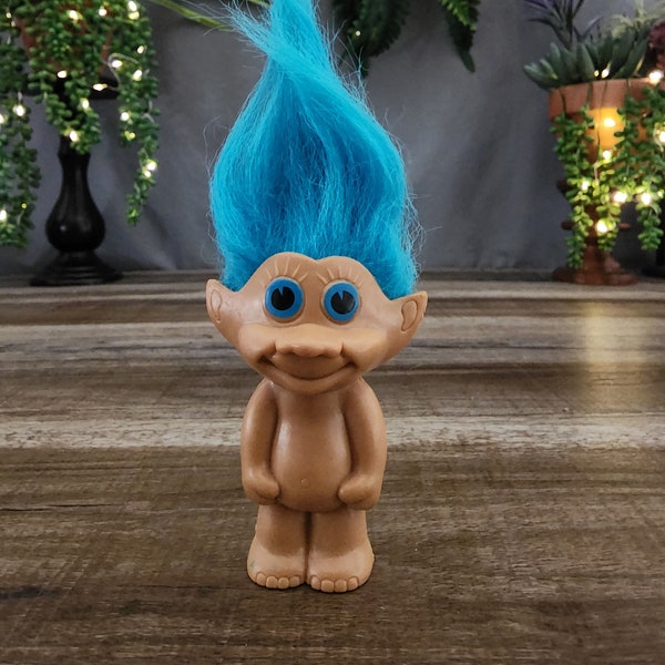 Blue Troll Doll, Blue Hair Troll, Retro Vintage Blue Troll Doll w/Painted on Eyes, Collectible Dolls Gifts