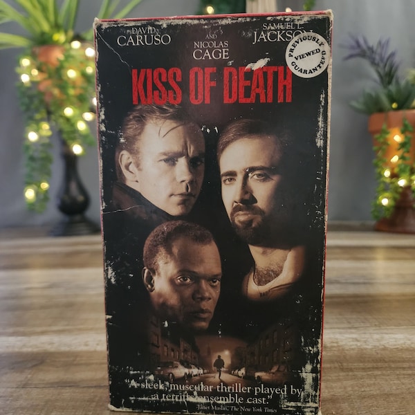 Kiss of Death VHS, stars David Caruso, Nicolas Cage and Samual L. Jackson, Sleek Muscular Thriller, Pulsating with Tension, Non-Stop Energy