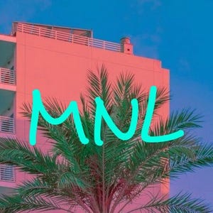 May include: A pink building with balconies and a flat roof is set against a vibrant blue sky. Palm fronds are in the foreground, and the word "MNL" is written in bright turquoise across the image.