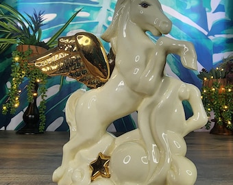 Vintage Magical Ceramic Pegasus Figurine, Gold Wing Pegasus Figure, Handmade