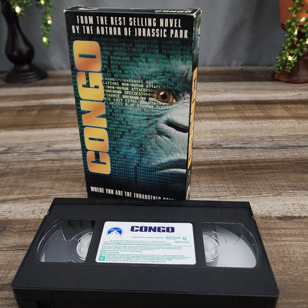 Congo VHS, stars  Laura Linney, Dylan Walsh, Ernie Hudson, Grant Heslov, Joe Don Baker and Tim Curry, Where You are the Endangered Species