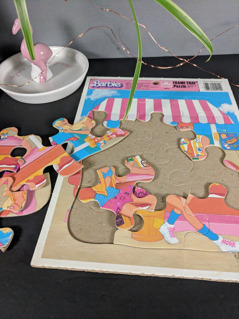 Mattel Toys Games Jigsaw Puzzles 1989 Cardboard Toddler Puzzle Barbie Golden Frame Tray Puzzle California Barbie Snack Bar