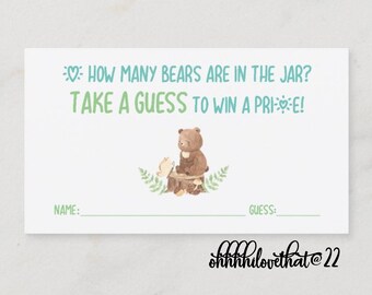 How Many Bears In The Jar? Raffle Cards Teddy Bear Baby Shower Woodland Safari Theme - Digital File Only - Gummy Bears NOT INCLUDED