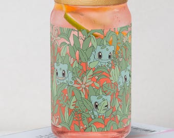 Vaso de vidrio en lata con bulbos y hojas / Saurio inspirado en Poke Mon de 16 oz / Regalos de anime / Vaso de cerveza en lata / Taza de primavera / Café helado / Regalo / Naturaleza