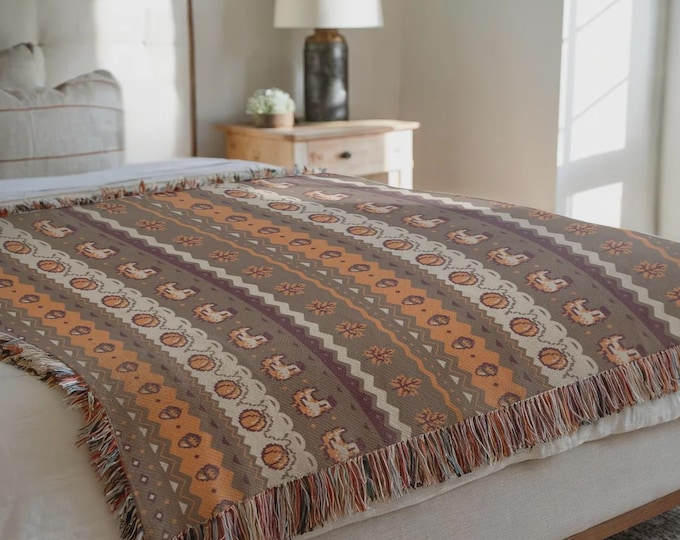 Stardew Fall Pixel Chickens Woven Throw Blanket | Pixel Pumpkins Home Decor | Autumn Fall Decoration | Tapestry Style | Housewarming Gift