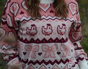 Valentines Pixel Chicken Love Sweater | Stardew Valley Inspired Valentine's Day Gift | Pixel Art | Cozy Gamer | Cozy Gaming Coquette Sweater