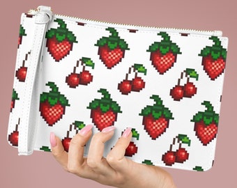 Stardew Valley Summer Fruit Clutch Bag | Pixel Strawberries and Cherries | Coquette | Cute Cozy Gamer | Girly Gamer Gift | Videogame Merch