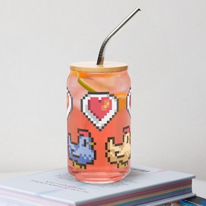 Pixel Chicken Heart Can Glass | Valentine's Day Stardew Valley Inspired Gift | Pixel Heart Valentine Gift