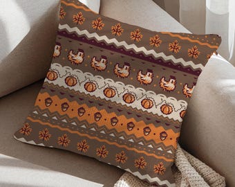 Cojín tejido de Stardew Fall Pixel Chickens / Calabazas pixeladas para decoración del hogar / Decoración otoñal / Tapiz / Regalo de inauguración de la casa