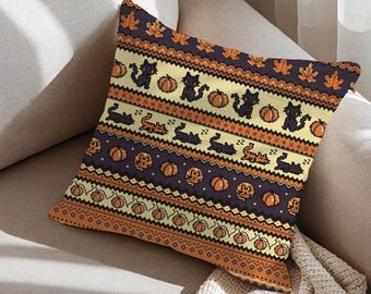 Cojín tejido de gatitos pixelados de otoño de Stardew / Calabazas pixeladas para decoración del hogar / Decoración otoñal / Estilo tapiz / Regalo de inauguración de la casa