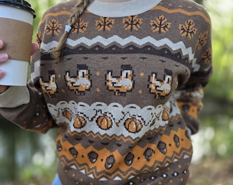 Fall Pixel Chicken Sweater | Autumn Knit Sweater | Stardew Valley Inspired Gifts | Pixel Art | Cozy Gamer | Cozy Gaming | Pumpkin Sweater