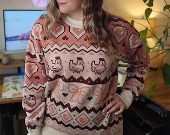 Valentines Pixel Chicken Love Sweater | Stardew Valley Inspired Valentine's Day Gift | Pixel Art | Cozy Gamer | Cozy Gaming Coquette Sweater