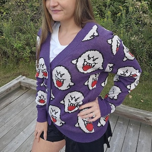 Boo Ghost Cardigan | Gamer Halloween Sweater | Videogame Gifts | Pixel Art | Cozy Gamer | Cozy Gaming | Gamer Sweater image 1
