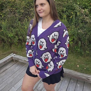 Boo Ghost Cardigan | Gamer Halloween Sweater | Videogame Gifts | Pixel Art | Cozy Gamer | Cozy Gaming | Gamer Sweater image 2