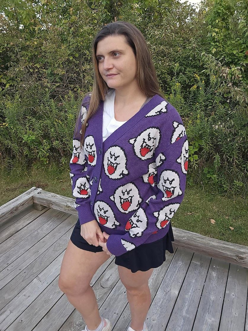 Boo Ghost Cardigan | Gamer Halloween Sweater | Videogame Gifts | Pixel Art | Cozy Gamer | Cozy Gaming | Gamer Sweater image 2