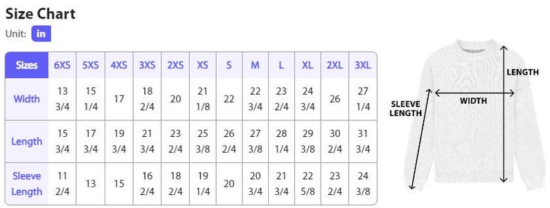 Puede incluir: Un su&eacute;ter blanco con medidas etiquetadas como ancho, largo y largo de manga. Una tabla de tallas muestra las medidas en pulgadas para las tallas 6XS a 3XL. La tabla incluye medidas de ancho, largo y largo de manga.