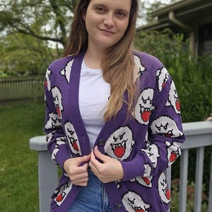 Boo Ghost Cardigan | Gamer Halloween Sweater | Videogame Gifts | Pixel Art | Cozy Gamer | Cozy Gaming | Gamer Sweater image 4
