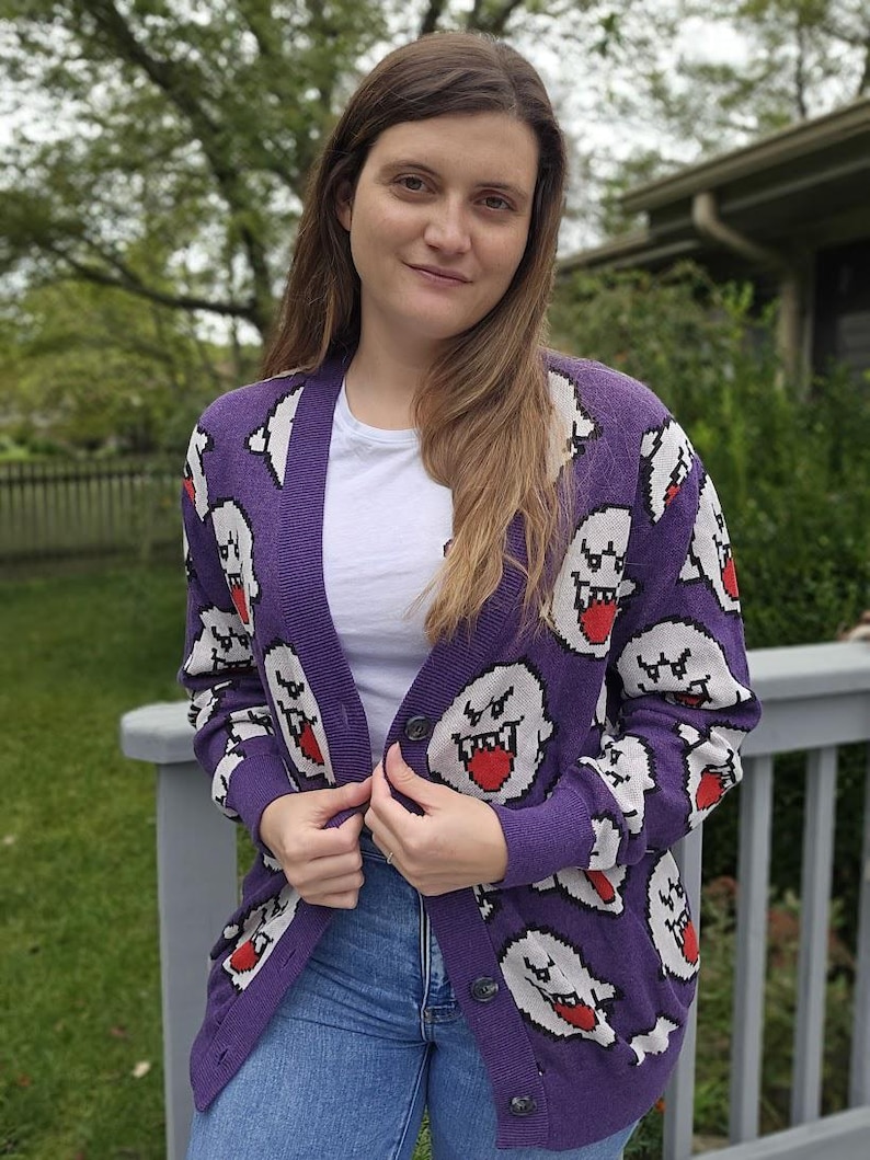 Boo Ghost Cardigan | Gamer Halloween Sweater | Videogame Gifts | Pixel Art | Cozy Gamer | Cozy Gaming | Gamer Sweater image 4