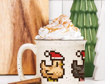 Christmas Pixel Chicken Ceramic Camp Mug Speckled Cream 13oz | Stardew Valley Inspired Christmas Gift | Gamer Home Decor