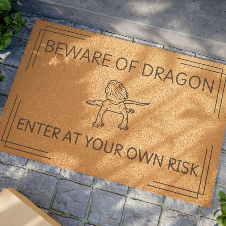 Beware of Dragon Doormat, Bearded Dragon Mat, Pet Home Decor, Dragon Parent Merch, Beware of Dragon Rug, Reptile Lover Gift image 1