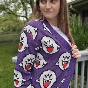Boo Ghost Cardigan | Gamer Halloween Sweater | Videogame Gifts | Pixel Art | Cozy Gamer | Cozy Gaming | Gamer Sweater image 5