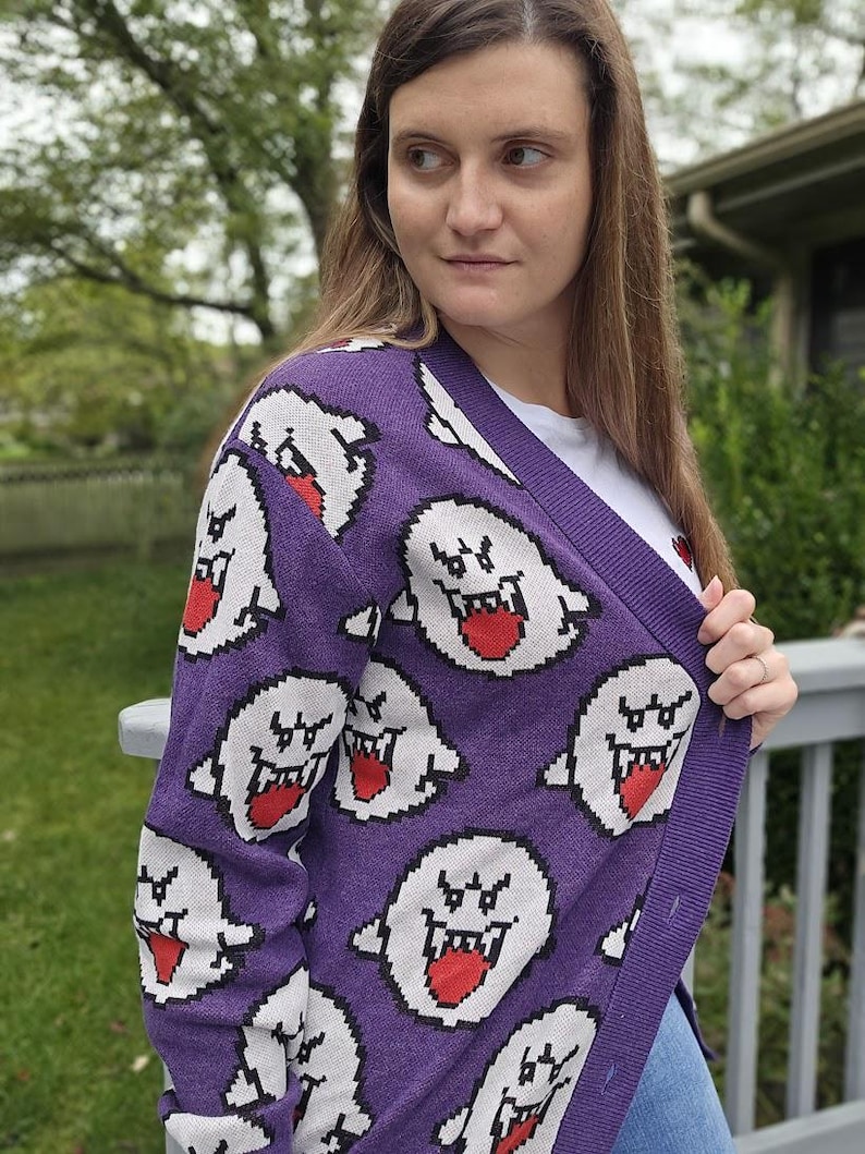 Boo Ghost Cardigan | Gamer Halloween Sweater | Videogame Gifts | Pixel Art | Cozy Gamer | Cozy Gaming | Gamer Sweater image 5