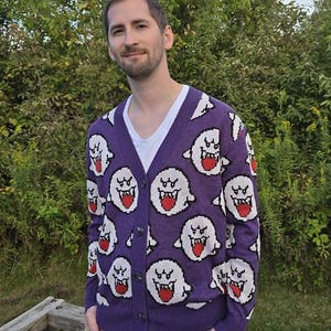 Boo Ghost Cardigan | Gamer Halloween Sweater | Videogame Gifts | Pixel Art | Cozy Gamer | Cozy Gaming | Gamer Sweater image 8