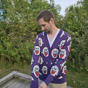 Boo Ghost Cardigan | Gamer Halloween Sweater | Videogame Gifts | Pixel Art | Cozy Gamer | Cozy Gaming | Gamer Sweater image 7